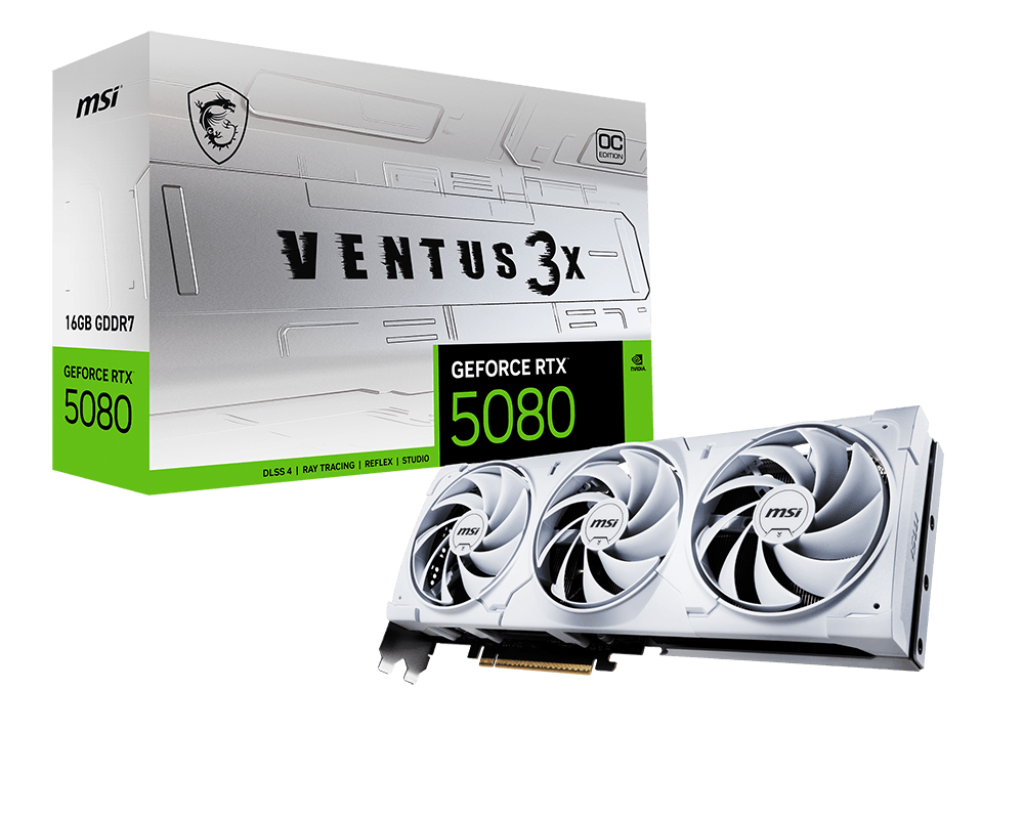 TARJETA DE VIDEO MSI GEFORCE RTX 5080 VENTUS 3X OC WHITE 16GB GDDR7 PCIe GEN 5.0 – POTENCIA GRÁFICA INIGUALABLE PARA JUEGOS Y APLICACIONES DE ALTO RENDIMIENTO