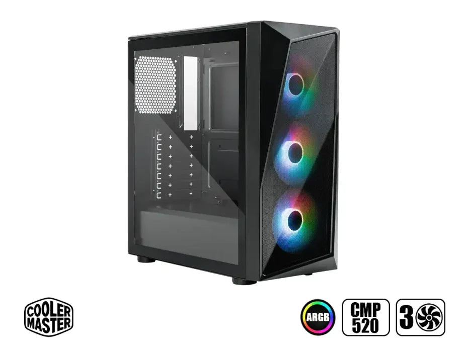 GABINETE COOLER MASTER CP520 CON VENTANA ARGB, MIDI-TOWER, USB 3.2/2.0, SIN FUENTE, 3 VENTILADORES ARGB, NEGRO