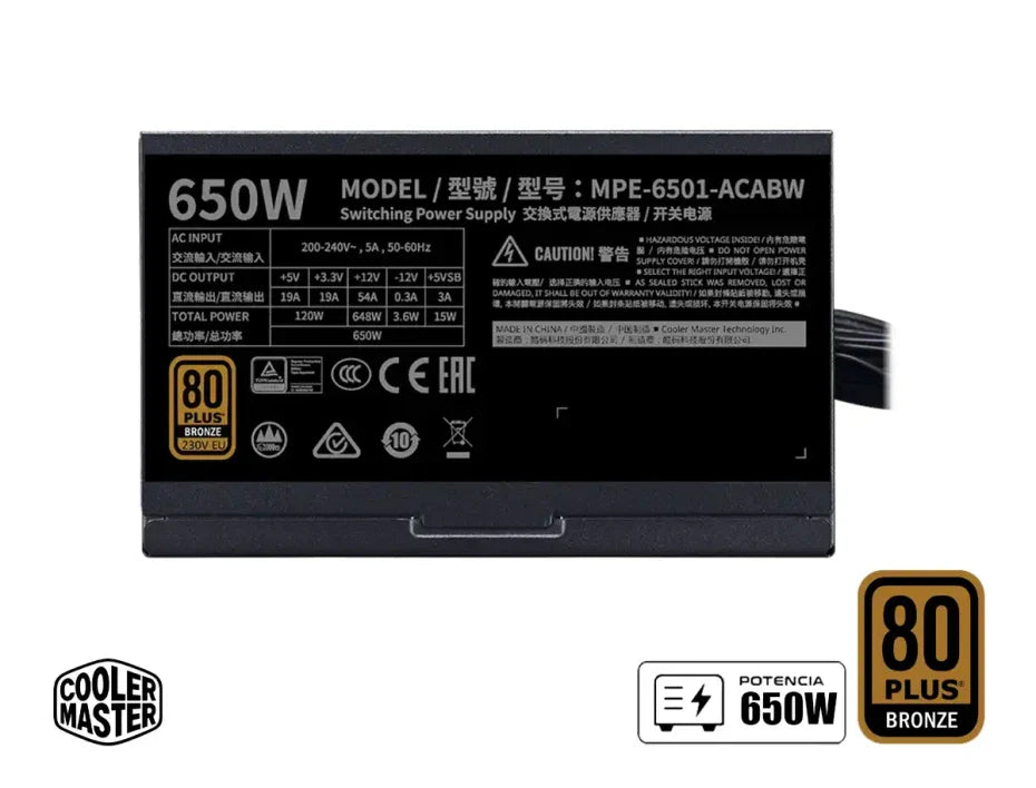 FUENTE DE ALIMENTACIÓN COOLER MASTER MWE GOLD 650 - V2 FULL MODULAR 80 PLUS GOLD: EFICIENCIA Y CONFIABILIDAD SUPERIOR PARA TU PC GAMING O WORKSTATION