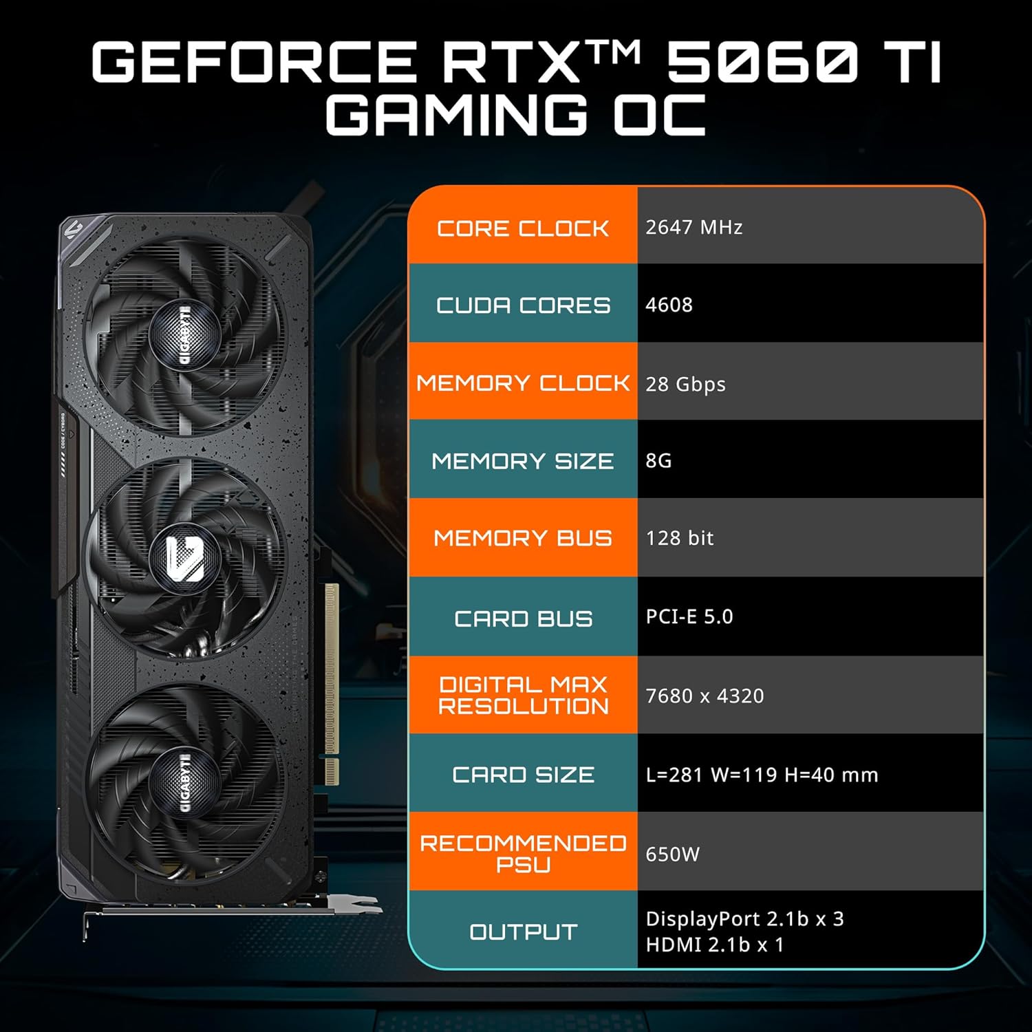 TARJETA DE VIDEO GIGABYTE VGA 8G GB RTX5060TI GAMING OC