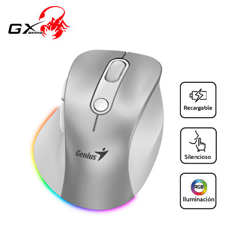MOUSE GENIUS ERGO 9000S PRO DUAL RECARGABLE WIRELESS/BT 6-BOT SILENT RGB SILVER