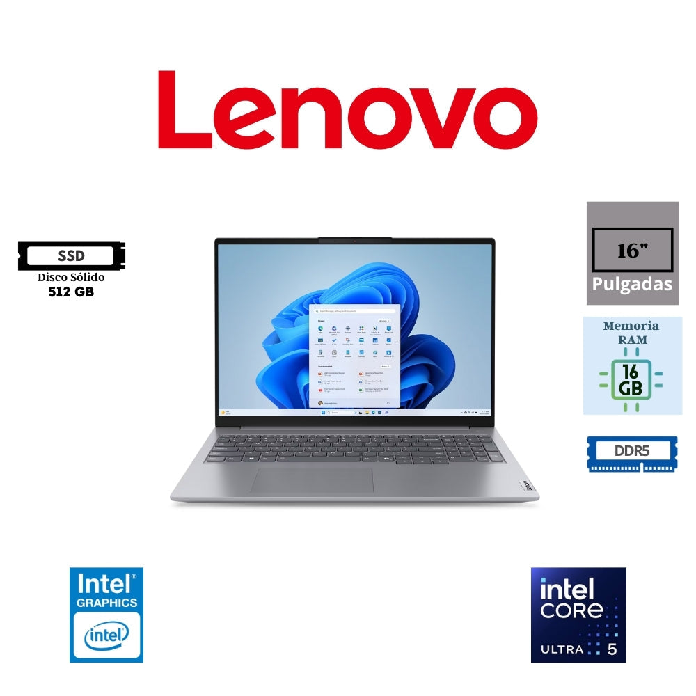 LAPTOP LENOVO THINKBOOK 16 G7 IML: ULTRAPORTÁTIL DE ALTO RENDIMIENTO 16″ WUXGA IPS, INTEL CORE ULTRA I5-125U, 16GB RAM DDR5, 512GB SSD M.2, GRÁFICOS INTEGRADOS INTEL