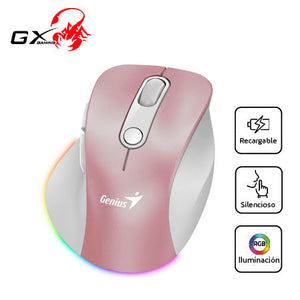 MOUSE GENIUS ERGO 9000S PRO DUAL RECARGABLE WIRELESS/BT 6-BOT SILENT RGB PINK