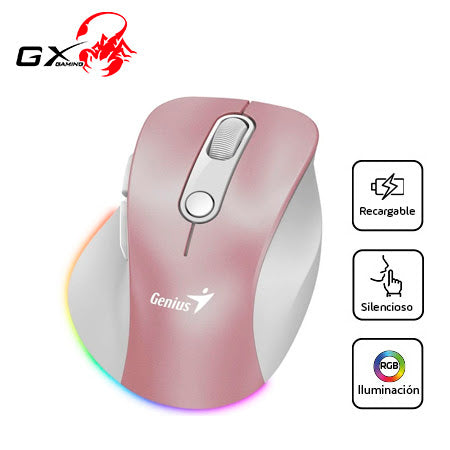 MOUSE GENIUS ERGO 9000S PRO DUAL RECARGABLE WIRELESS/BT 6-BOT SILENT RGB PINK