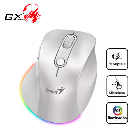 MOUSE GENIUS ERGO 9000S PRO DUAL RECARGABLE WIRELESS/BT 6-BOT SILENT RGB PEARL WHITE