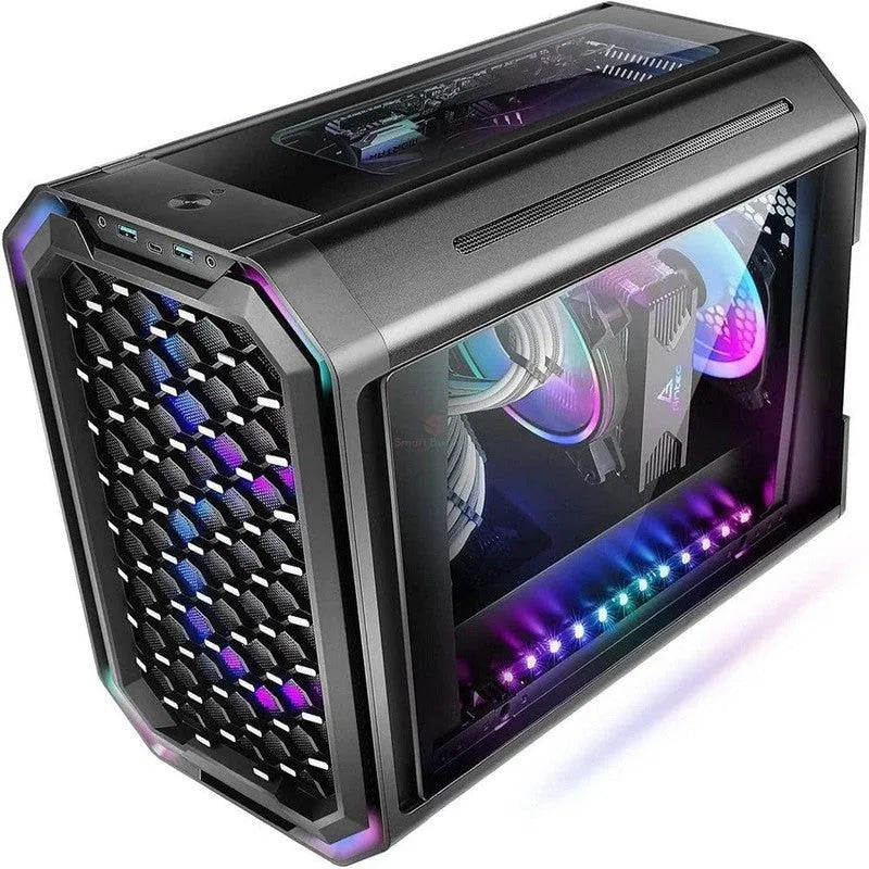 GABINETE ANTEC DARK CUBE GAMING: PANEL DE VIDRIO TEMPLADO, ILUMINACIÓN LED RGB, SALIDA DE AUDIO, 2 PUERTOS USB, COLOR NEGRO