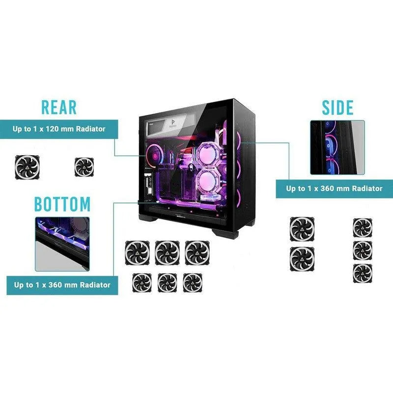GABINETE ANTEC P120 CRYSTAL MID TOWER GAMER CON PANEL DE VIDRIO TEMPLADO Y AMPLIA COMPATIBILIDAD SIN FUENTE