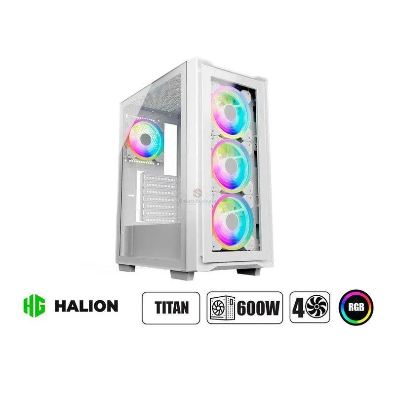CAJA GAMER HALION TITAN 103 SUPER WHITE CON FUENTE DE PODER DE 600W Y VENTILADORES RGB