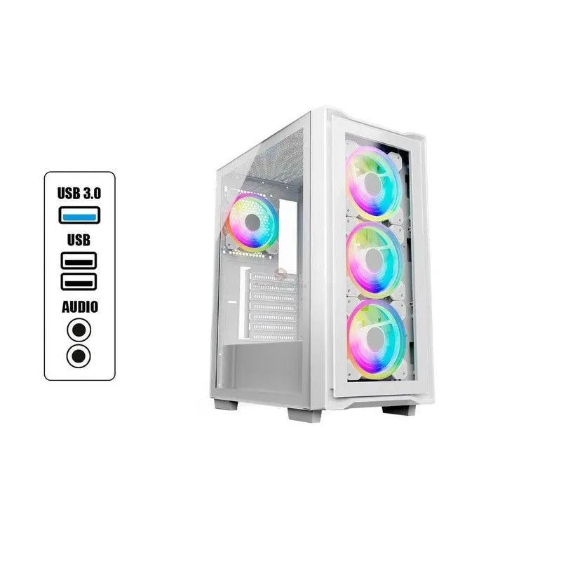 CAJA GAMER HALION TITAN 103 SUPER WHITE CON FUENTE DE PODER DE 600W Y VENTILADORES RGB