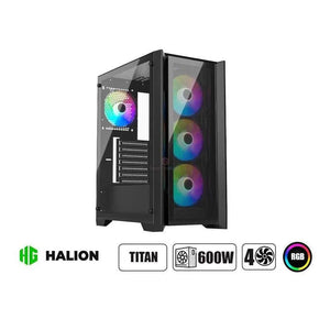 CASE HALION TITAN 104 BLACK: GAMER CON FUENTE DE 600W, ILUMINACIÓN RGB Y VIDRIO TEMPLADO