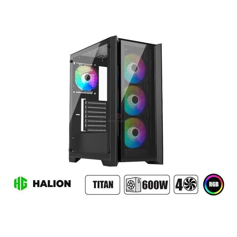 CASE HALION TITAN 104 BLACK: GAMER CON FUENTE DE 600W, ILUMINACIÓN RGB Y VIDRIO TEMPLADO