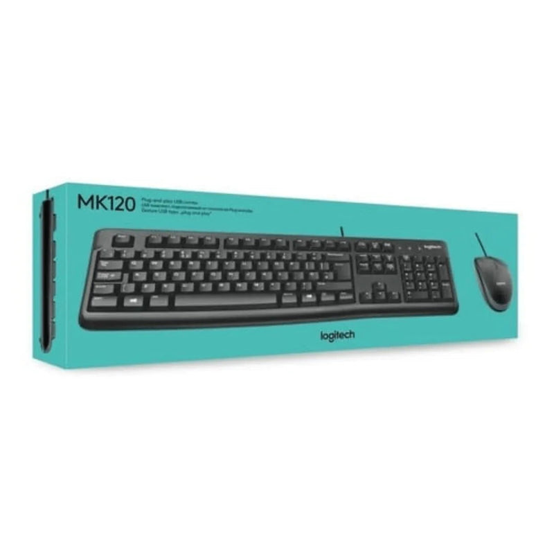 COMBO LOGITECH MK120: TECLADO RESISTENTE A SALPICADURAS Y MOUSE DE 3 BOTONES CON SENSOR DE 1000 DPI, INTERFAZ USB (920-004428)