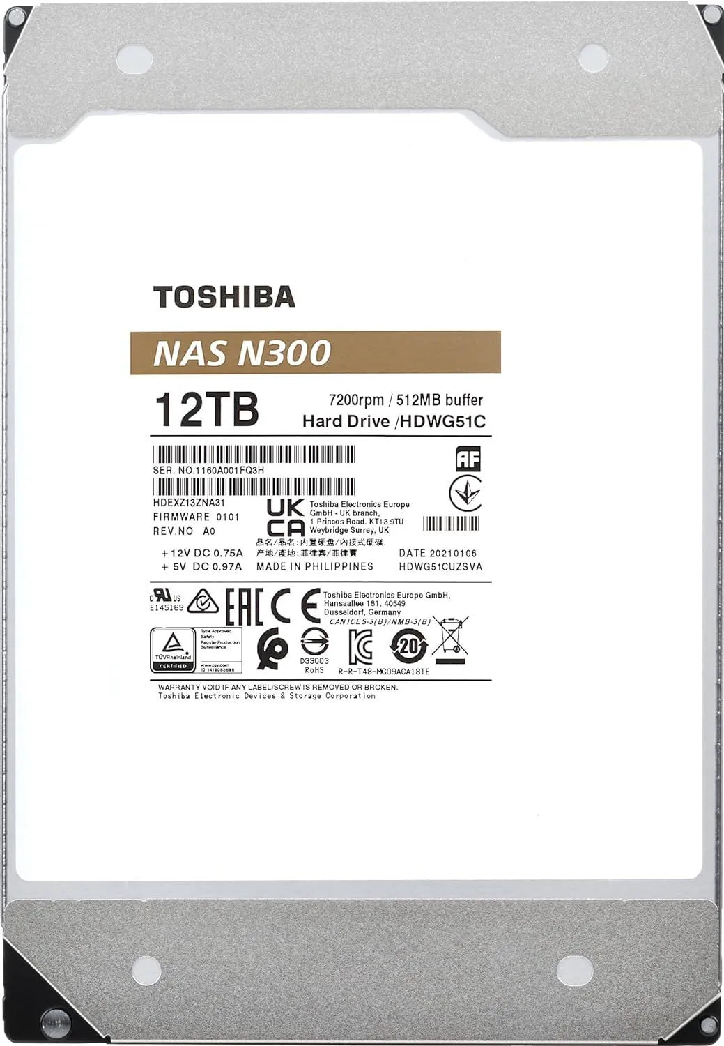 DISCO DURO TOSHIBA N300 NAS - 12TB, SATA 6.0GB/S, 7200RPM, 512MB CACHE, 3.5