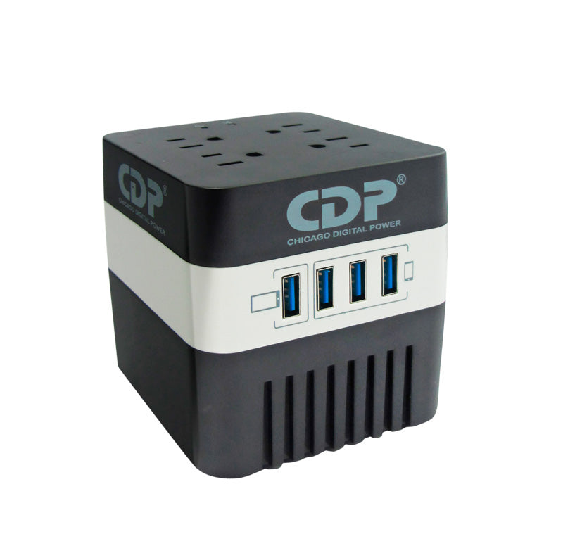 ESTABILIZADOR DE VOLTAJE CDP RU-AVR604I: POTENCIA DE 600VA, 4 TOMAS, 4 PUERTOS USB 3.0, 5 INDICADORES LED, COMPACTO 9.50X9.50X9.50 CM, COLOR NEGRO.