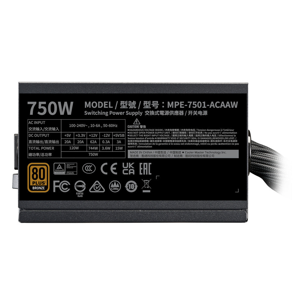 FUENTE DE PODER COOLER MASTER MWE BRONZE V3 750W - EFICIENCIA 80 PLUS BRONZE, DISEÑO COMPACTO, CABLEADO A/US, MODELO MPE-7501-ACAAW-3BUS.