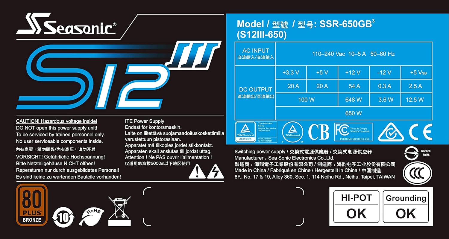 FUENTE DE PODER SEASONIC S12III 650W 80PLUS BRONZE MODULAR - ALTA EFICIENCIA Y FIABILIDAD