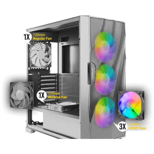 GABINETE MIDI-TOWER ANTEC DF700 FLUX CON VENTANA RGB, COMPATIBLE CON ATX/MICRO-ATX/MINI-ITX, USB 3.0, 5 VENTILADORES RGB INSTALADOS, COLOR BLANCO, SIN FUENTE DE PODER