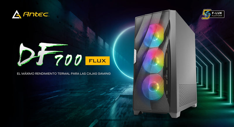 GABINETE MID-TOWER ANTEC DF700 FLUX CON VENTANA RGB, COMPATIBLE ATX/MICRO ATX/MINI-ITX, USB 3.0, SIN FUENTE, 5 VENTILADORES RGB PREINSTALADOS, COLOR NEGRO: ELEGANCIA Y RENDIMIENTO EN REFRIGERACIÓN AVANZADA