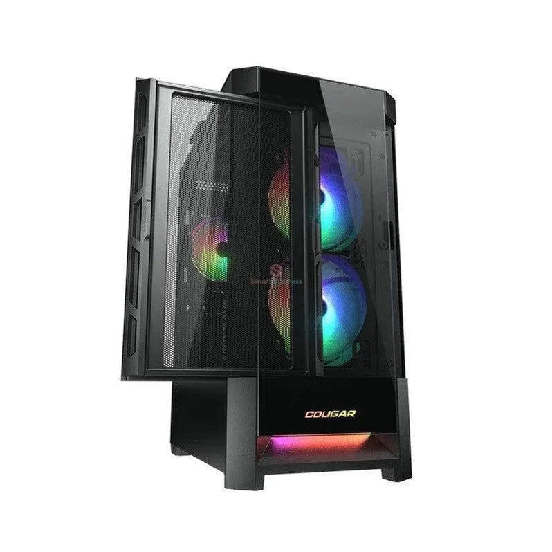 GABINETE COUGAR DUOFACE RGB: MIDI-TOWER CON VENTANA, COMPATIBLE CON MINI-ITX/MICRO-ATX/ATX/CEB, PUERTOS USB 3.0/2.0, INCLUYE 3 VENTILADORES ARGB, COLOR NEGRO, SIN FUENTE DE PODER.