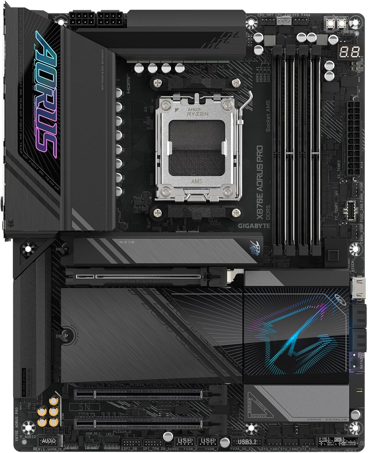 PLACA BASE GIGABYTE X870E AORUS PRO ICE - AMD AM5 LGA 1718, ATX, DDR5, 4X M.2, PCIe 5.0, USB4, WIFI7, LAN 2.5GbE, CIERRE EZ-LATCH, GARANTÍA DE 5 AÑOS