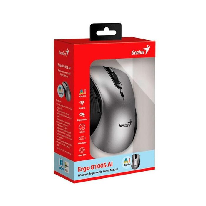 GENIUS ERGO 8100S AI RATÓN ERGONÓMICO INALÁMBRICO SILENCIOSO USB 2.4 GHZ 1600 DPI BOTÓN COPILOT COLOR PLATA