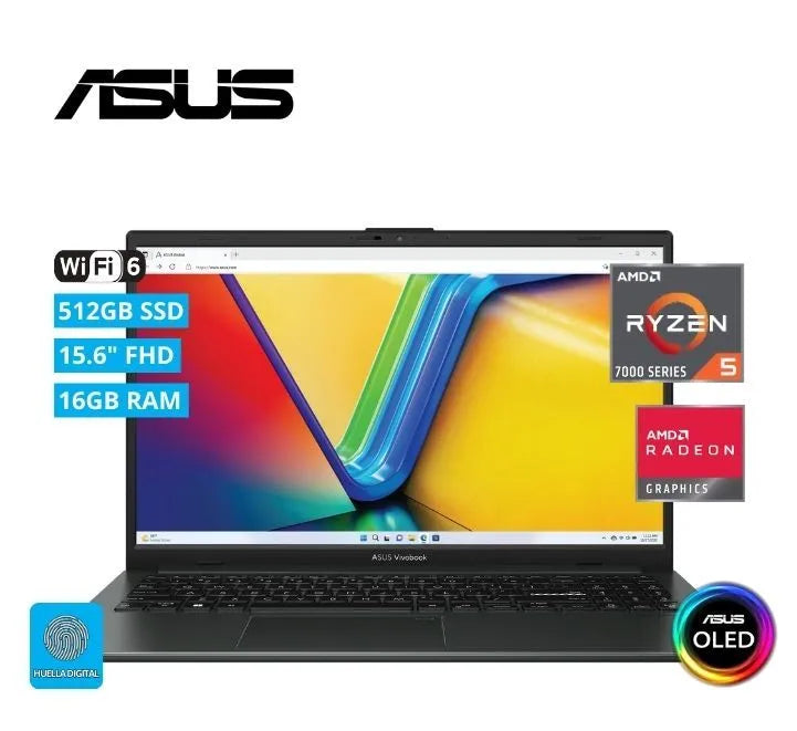 LAPTOP ASUS VIVOBOOK GO 15 OLED E1504FA-L1410 – POTENTE RYZEN 5-7520U, VELOZ SSD 512GB, AMPLIA RAM 16GB, FREEDOS