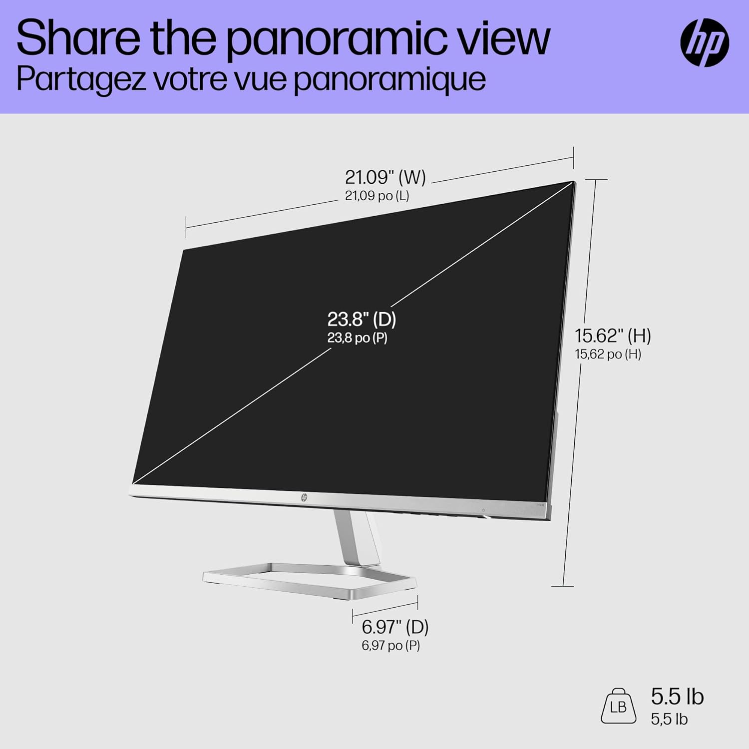 MONITOR HP SERIE 5 MODELO 524SF 94C17AA #ABA CON BASE DOCZTORUM, PANTALLA FHD IPS DE 24 PULGADAS (1920 X 1080), 1 HDMI, 1 VGA, TECNOLOGÍA SIN PARPADEO, IDEAL PARA HOGAR Y NEGOCIOS, COLOR NEGRO/PLATEADO