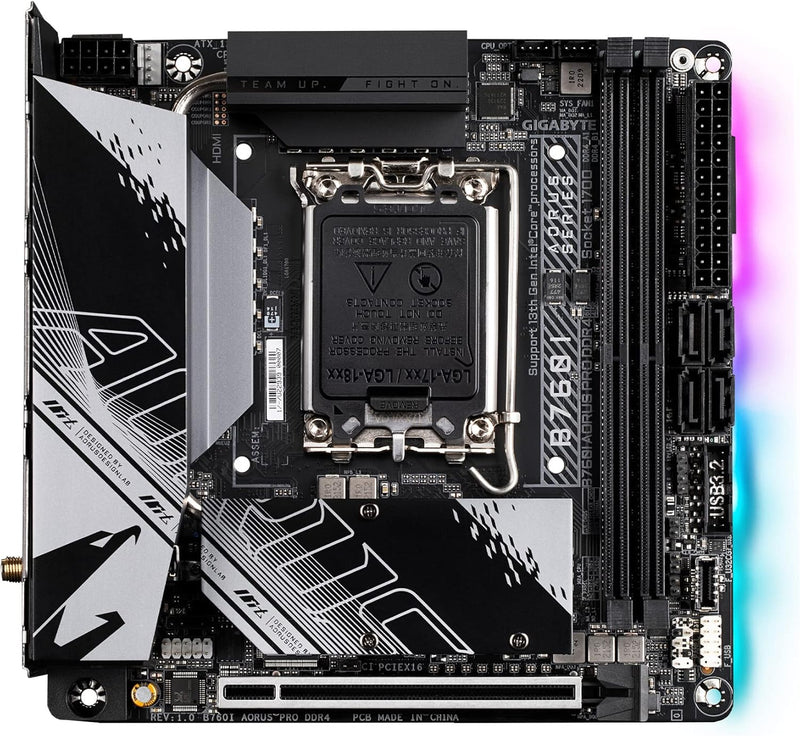 PLACA BASE GIGABYTE INTEL B760I AORUS PRO AX, COMPATIBLE CON PROCESADORES INTEL, FORMATO MINI-ITX, SOPORTE PARA MEMORIA DDR5, CONECTIVIDAD WIFI 6E Y BLUETOOTH 5.2