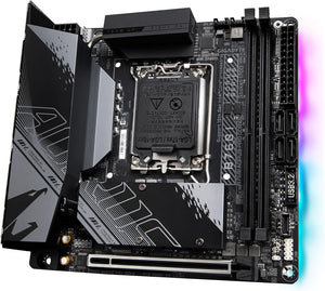 PLACA BASE GIGABYTE INTEL B760I AORUS PRO AX, COMPATIBLE CON PROCESADORES INTEL, FORMATO MINI-ITX, SOPORTE PARA MEMORIA DDR5, CONECTIVIDAD WIFI 6E Y BLUETOOTH 5.2