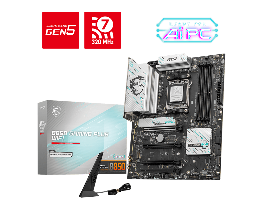 TARJETA MADRE MSI B850 GAMING PLUS WIFI, CHIPSET AMD B850, SOCKET AM5, FACTOR DE FORMA ATX, CONECTIVIDAD WIFI, IDEAL PARA GAMERS Y ENTUSIASTAS.