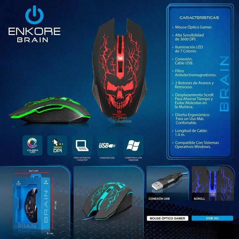 MOUSE GAMER ENKORE BRAIN EKM302 USB, 7 LEDS, 6 BOTONES, 3200 DPI