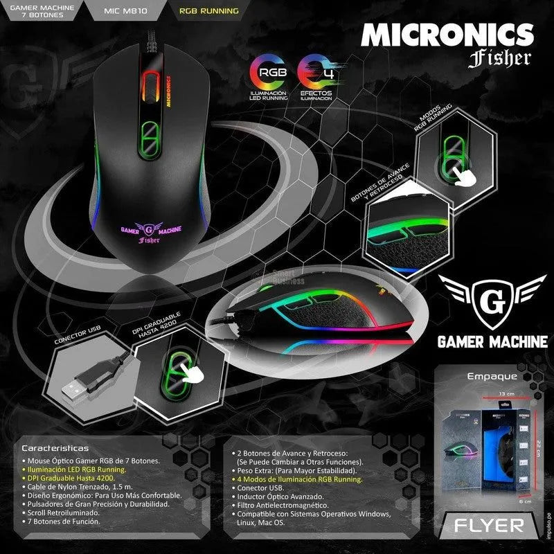 MOUSE GAMER USB FISHER MIC M810 RGB 7 BOTONES 4200 DPI
