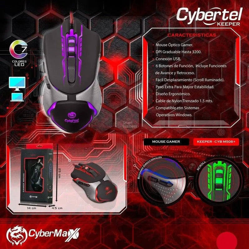 MOUSE GAMER CYBERTEL KEEPER M508+ USB 7 LEDS 3200 DPI