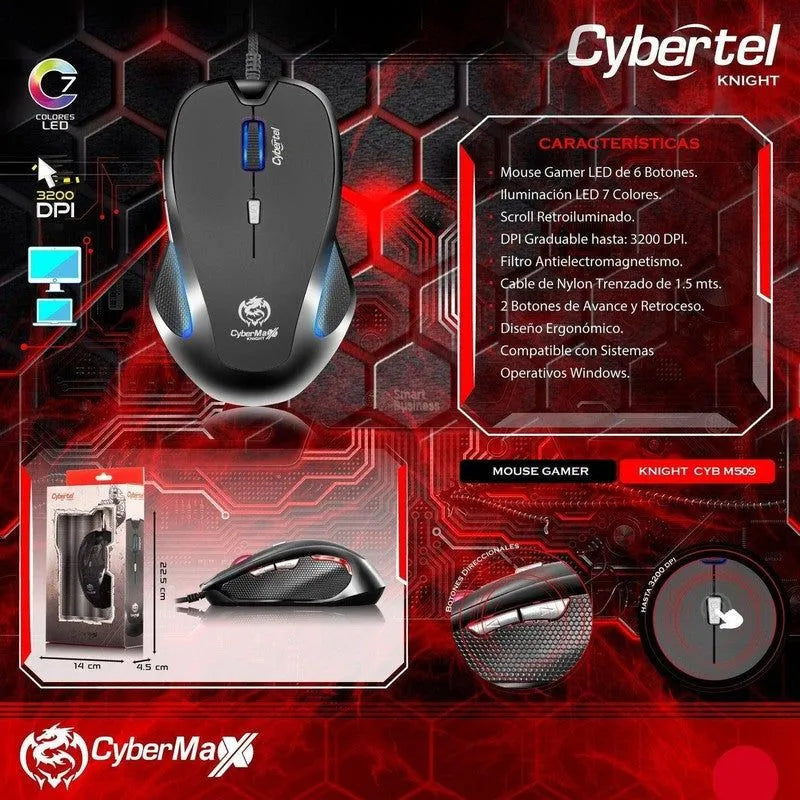 MOUSE GAMER CYBERTEL KNIGHT M509 CON ILUMINACIÓN LED 7 COLORES Y 3200 DPI USB
