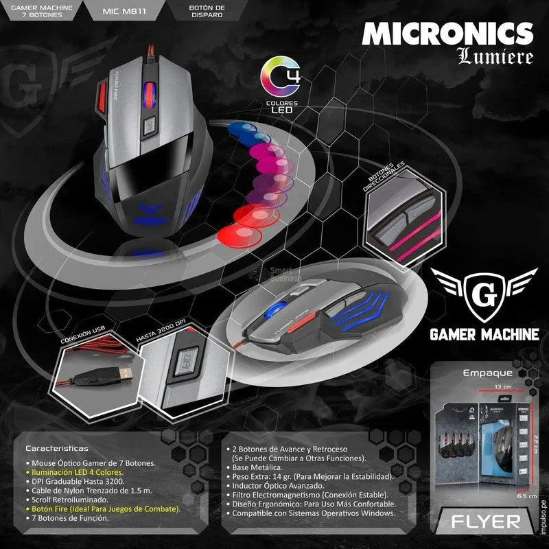 RATÓN GAMER USB LUMIERE MIC M811 CON 4 LEDS, 7 BOTONES Y 3200 DPI