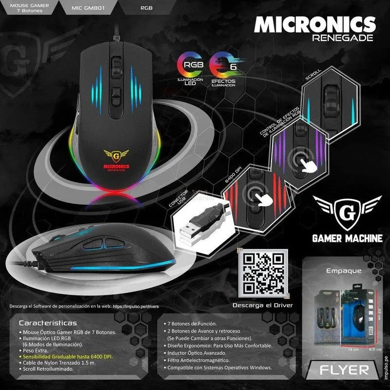 RATÓN GAMER USB RGB RENEGADE GM801 7 BOTONES 6400 DPI
