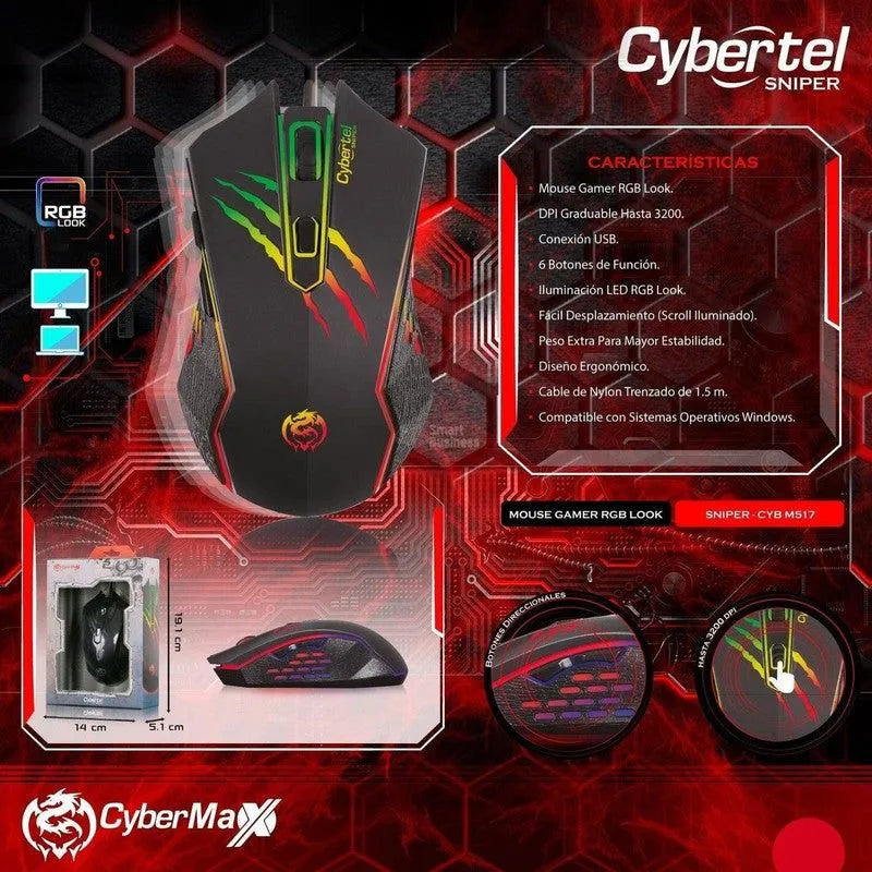MOUSE GAMER CYBERTEL SNIPER M517 USB RGB 3200 DPI