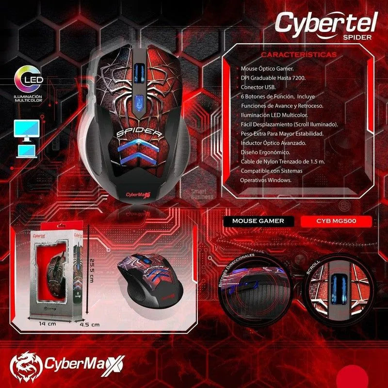 MOUSE GAMER CYBERTELCOLCOKA SPIDER MG500 USB LED: ALTA PRECISIÓN Y DISEÑO ERGONÓMICO PARA JUEGOS INTENSOS