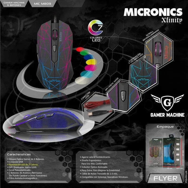 RATÓN GAMER USB XFINITY MIC M809 CON 6 LEDS, ERGONÓMICO Y PRECISO