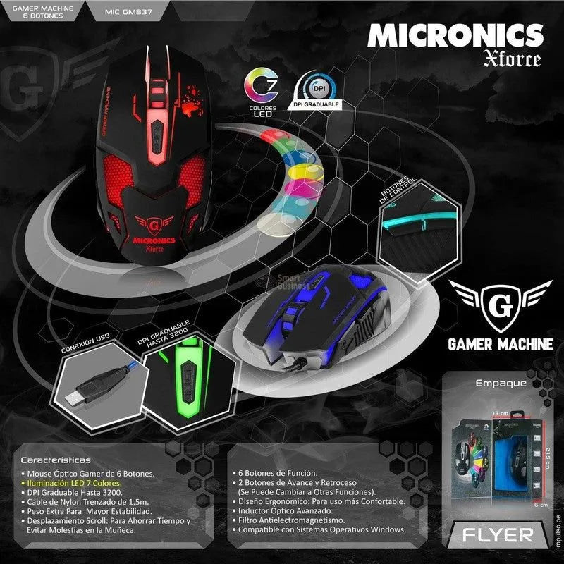 MOUSE GAMER USB XFORCE MIC M837 CON 7 LEDS, 6 BOTONES Y 3200 DPI