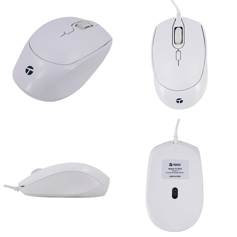 Mouse óptico TEROS TE-1225S, 800-1200-1600 DPI, USB, 4 botones, color blanco