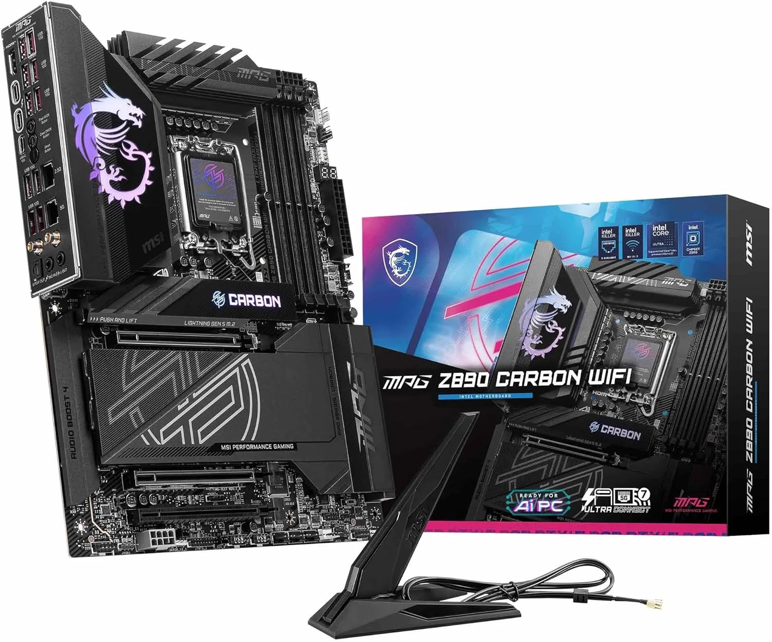 PLACA BASE MSI MPG Z890 CARBON WIFI PARA JUEGOS CON COMPATIBILIDAD INTEL CORE ULTRA SERIES 2, LGA 1851, DDR5, PCIE 5.0, M.2, SATA, LAN 5 GBPS, USB TIPO C, WIFI 7 Y BLUETOOTH 5.4