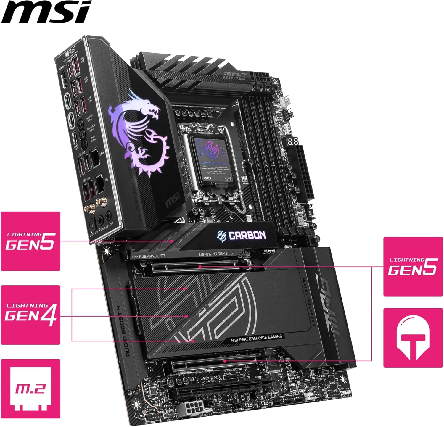 PLACA BASE MSI MPG Z890 CARBON WIFI PARA JUEGOS CON COMPATIBILIDAD INTEL CORE ULTRA SERIES 2, LGA 1851, DDR5, PCIE 5.0, M.2, SATA, LAN 5 GBPS, USB TIPO C, WIFI 7 Y BLUETOOTH 5.4