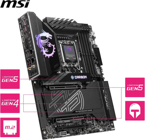 PLACA BASE MSI MPG Z890 CARBON WIFI PARA JUEGOS CON COMPATIBILIDAD INTEL CORE ULTRA SERIES 2, LGA 1851, DDR5, PCIE 5.0, M.2, SATA, LAN 5 GBPS, USB TIPO C, WIFI 7 Y BLUETOOTH 5.4