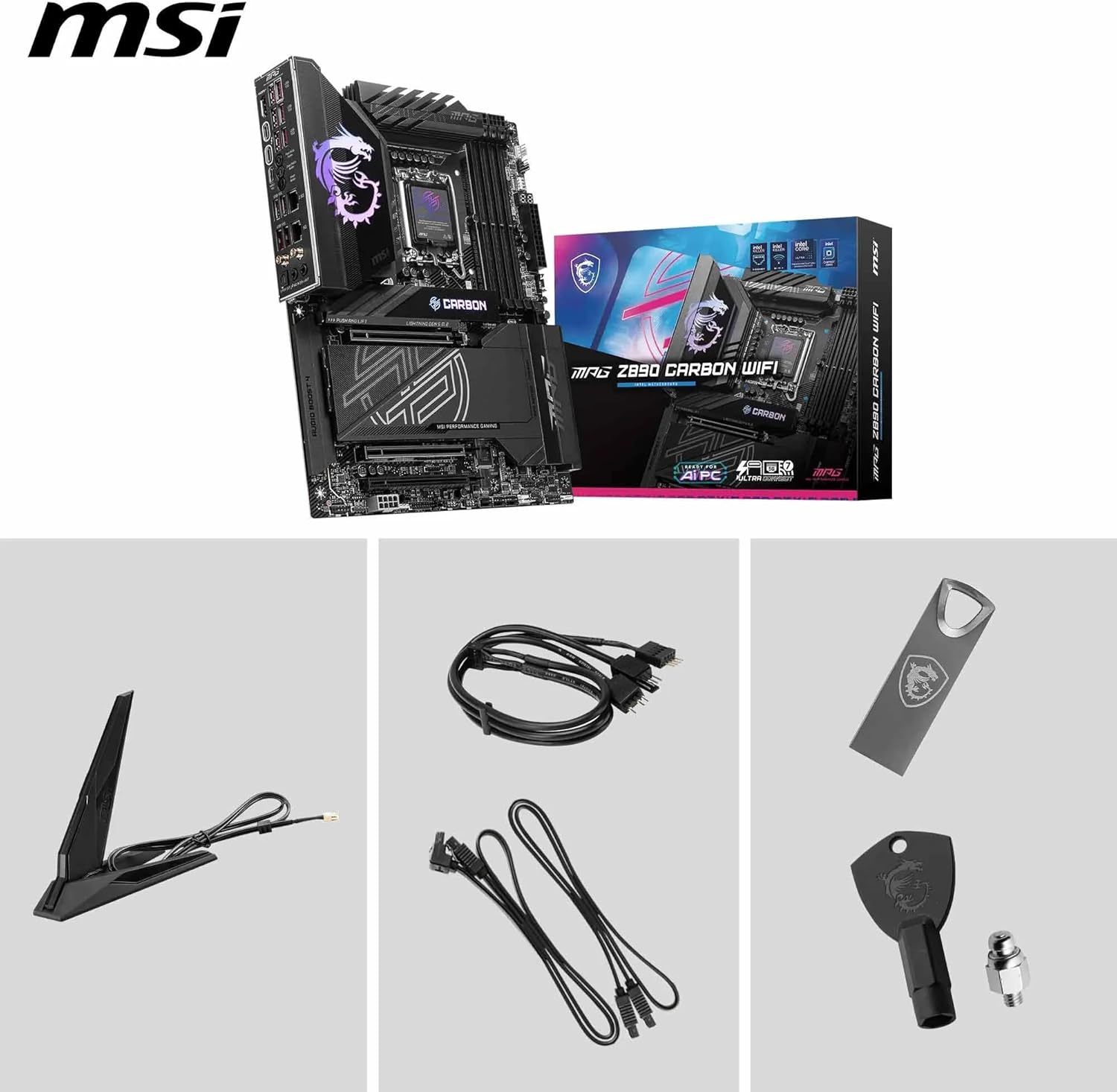 PLACA BASE MSI MPG Z890 CARBON WIFI PARA JUEGOS CON COMPATIBILIDAD INTEL CORE ULTRA SERIES 2, LGA 1851, DDR5, PCIE 5.0, M.2, SATA, LAN 5 GBPS, USB TIPO C, WIFI 7 Y BLUETOOTH 5.4