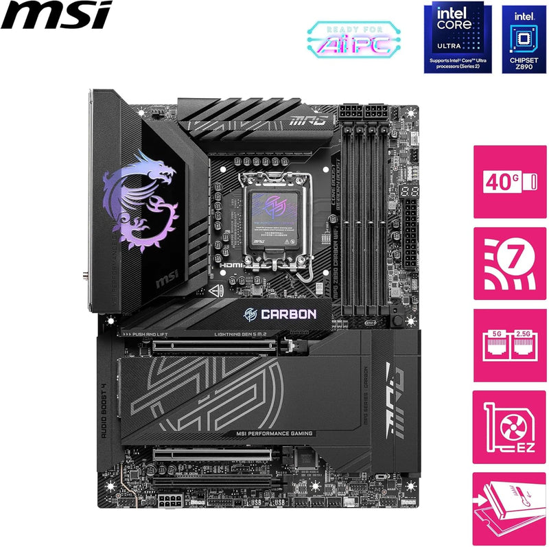 PLACA BASE MSI MPG Z890 CARBON WIFI PARA JUEGOS CON COMPATIBILIDAD INTEL CORE ULTRA SERIES 2, LGA 1851, DDR5, PCIE 5.0, M.2, SATA, LAN 5 GBPS, USB TIPO C, WIFI 7 Y BLUETOOTH 5.4
