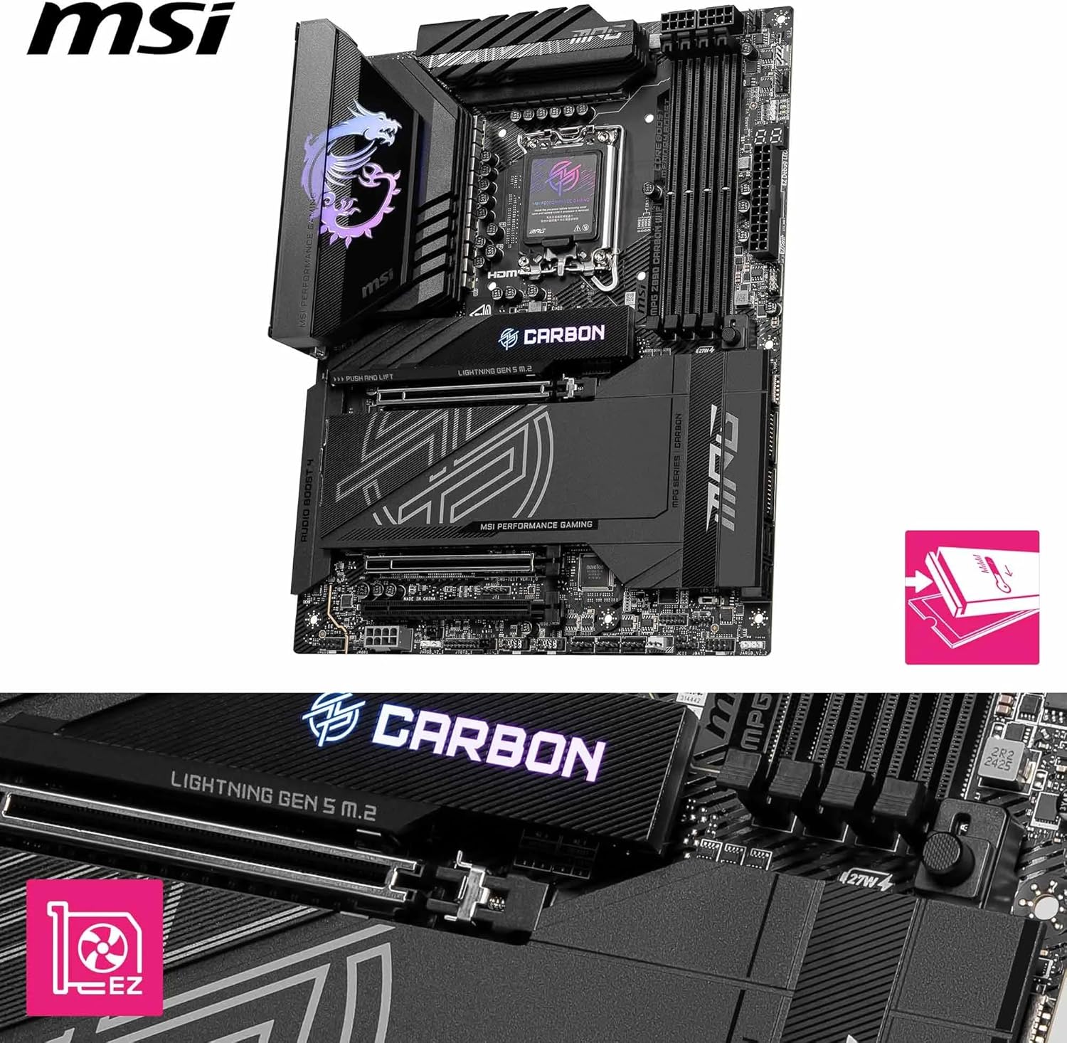 PLACA BASE MSI MPG Z890 CARBON WIFI PARA JUEGOS CON COMPATIBILIDAD INTEL CORE ULTRA SERIES 2, LGA 1851, DDR5, PCIE 5.0, M.2, SATA, LAN 5 GBPS, USB TIPO C, WIFI 7 Y BLUETOOTH 5.4