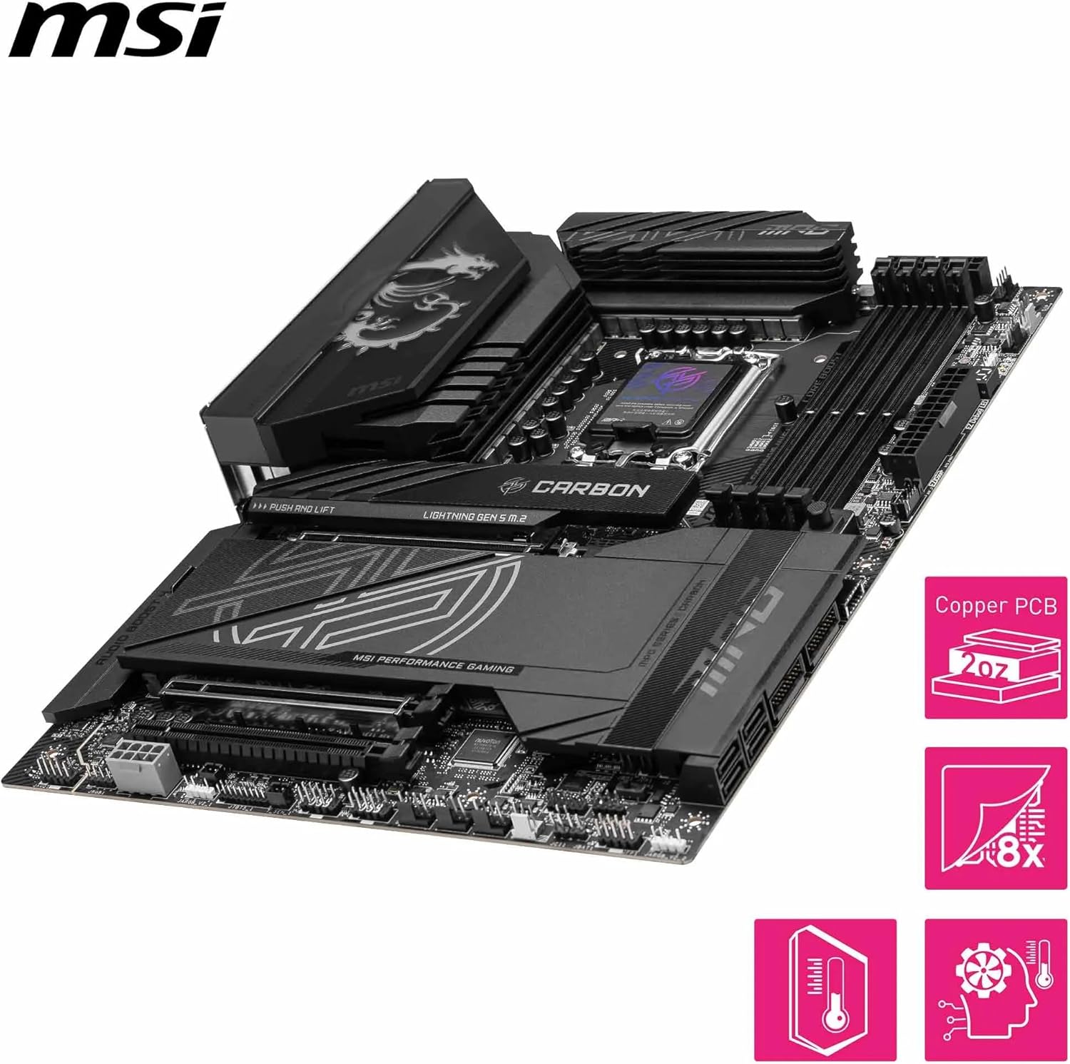 PLACA BASE MSI MPG Z890 CARBON WIFI PARA JUEGOS CON COMPATIBILIDAD INTEL CORE ULTRA SERIES 2, LGA 1851, DDR5, PCIE 5.0, M.2, SATA, LAN 5 GBPS, USB TIPO C, WIFI 7 Y BLUETOOTH 5.4