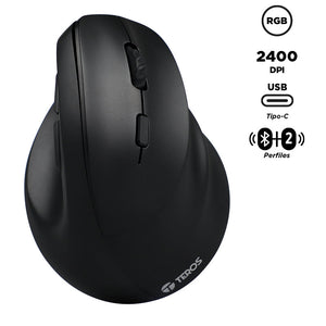 MOUSE TEROS TE-5169N, INALÁMBRICO DOBLE MODO: 2.4G+BLUETOOTH, 2400 DISPLAYPORTI, VERTICAL, NEGRO