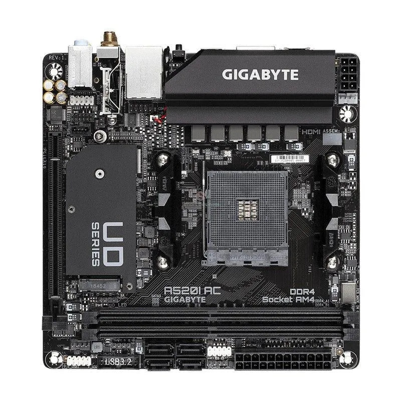 PLACA BASE GIGABYTE MINI-ITX A520I AC: CHIPSET AMD A520, SOPORTE HASTA 64GB DDR4, HDMI, COMPATIBLE CON PROCESADORES AMD S-AM4